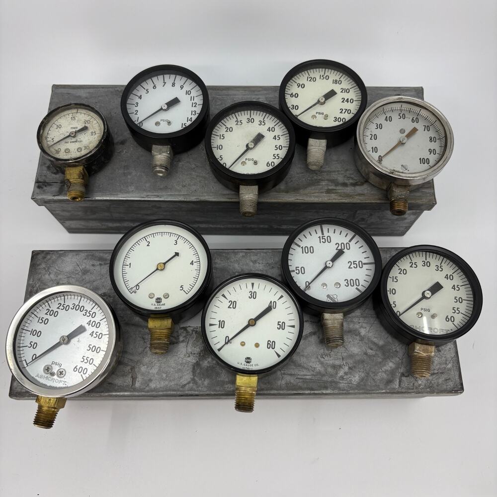 Lot Of 10 Vintage Pressure Gauges Ashcroft US Gauge PSIG With Metal Cases